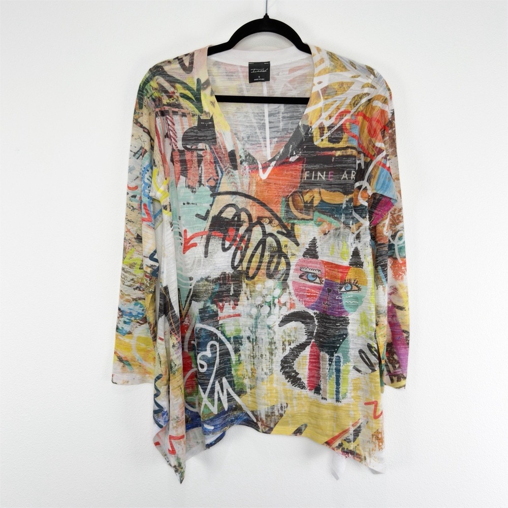Inoah Top Womens Small Colorful Artsy Cats Abstract Boho Lagenlook Asymmetrical
